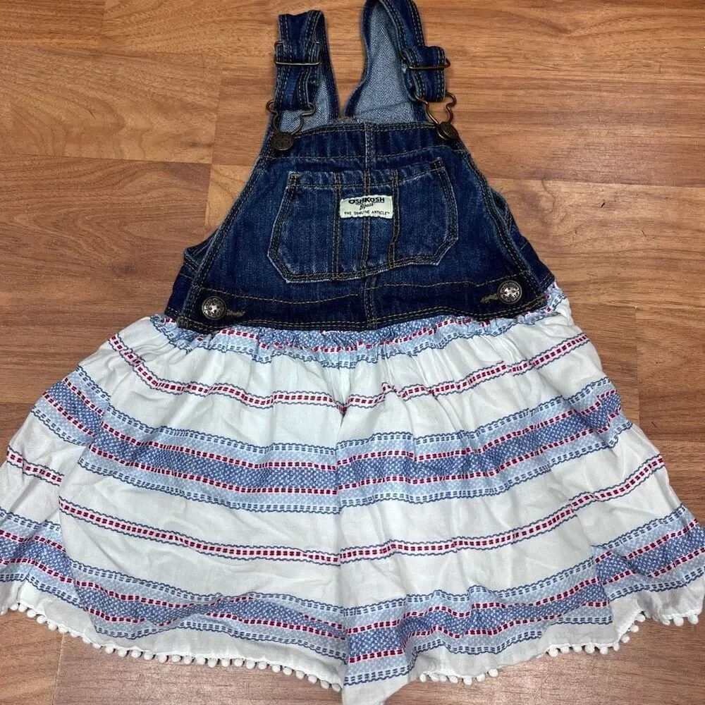 OshKosh B'gosh Kids Girls Red White Blue Denim Stripe Overall Jumper Dress 3T